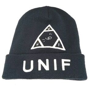 UNIF Black Knit Beanie Hat Y2K Triangle Logo Embroidered Cuff Cap Streetwear
